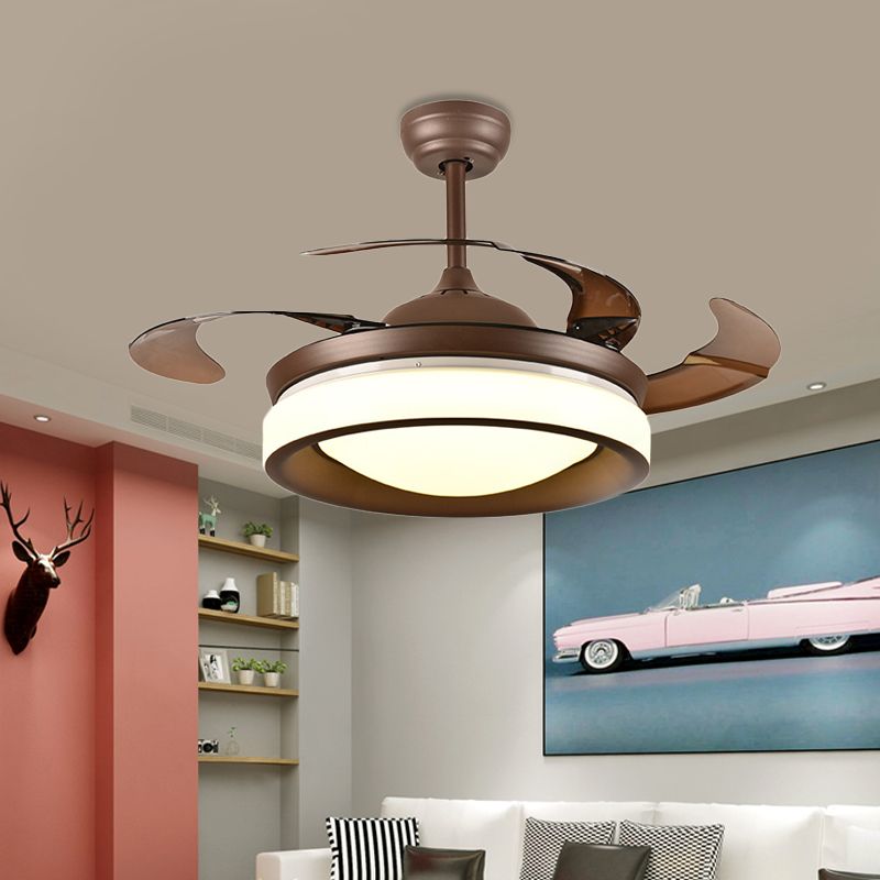 Coffee Round Hanging Fan Lamp Modernism Metal 42" W LED Living Room Semi Flush Light with 4 Brown Blades