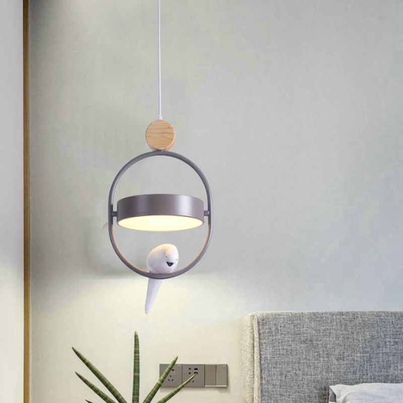 Nordic Style Ellipse Hanging Lamp Metal Single Bedside Down Lighting with Bird Decor and Round Shade in White/Grey/Green