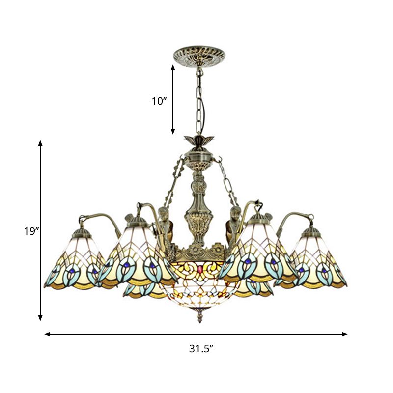 9 Lights Peacock Pendant Lighting Tiffany Style White Stained Glass Chandelier Lamp