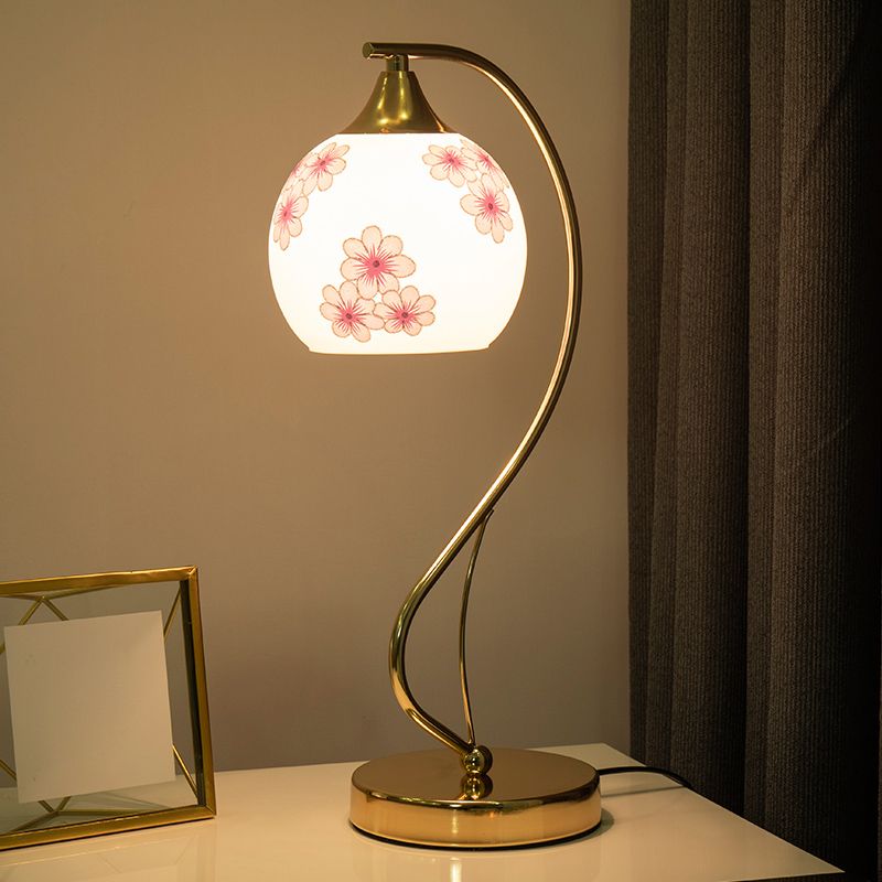 Modern Gooseneck Table Lamp Metal Single-Bulb Bedroom Night Light with Dome Glass Shade