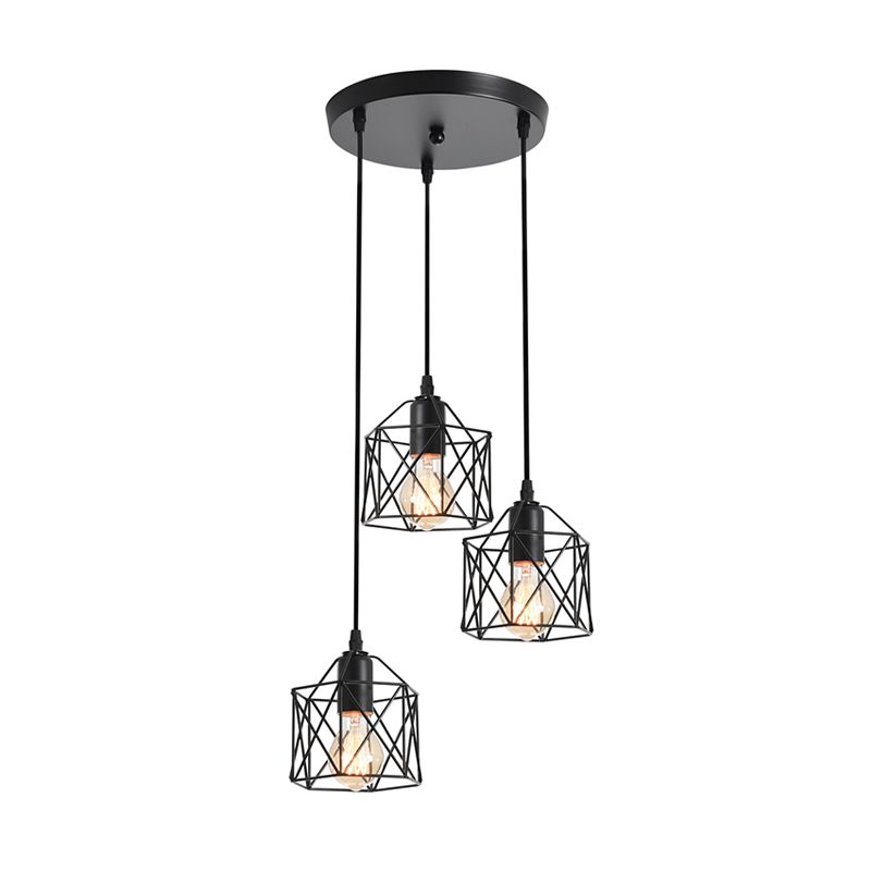 3 Heads Cluster Pendant Loft Hexagonal Cage Shade Metal Ceiling Hang Light for Dining Room