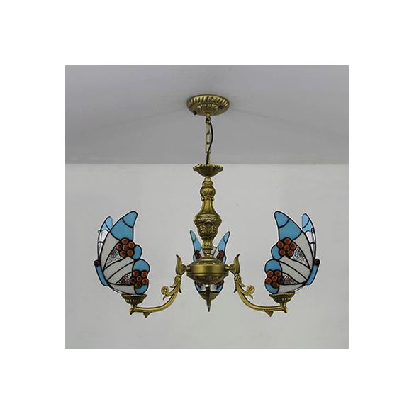 3 Lights Butterfly Hanging Light Loft Style Stained Glass Ceiling Chandelier with Chain in White/Red/Blue/Orange-Green