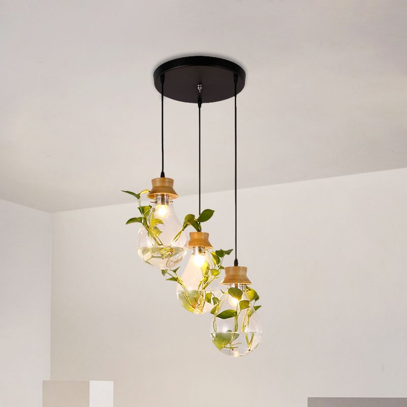 12 "/19.5" W 3-Kopf-Cluster-Anhänger Pendellanbauer Farmhaus-Glühbirne Clear Glass Hanging Light Kit im schwarzen, linearen/runden Baldachin