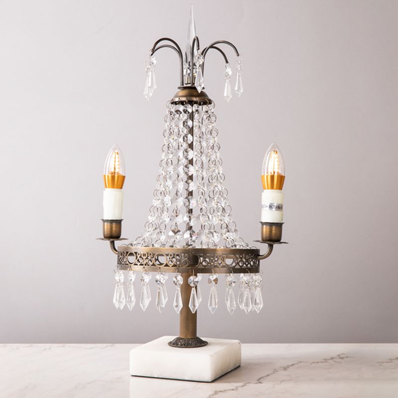 Bronze 2 Heads Nightstand Light Vintage Style Crystal Swag Candelabra Table Lamp for Restaurant