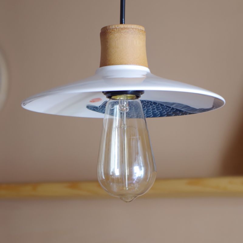 Ceramic and Wood White Pendant Lamp Saucer 1 Light Contemporary Style Hanging Light with Fish Pattern, 8.5"/10.5" W