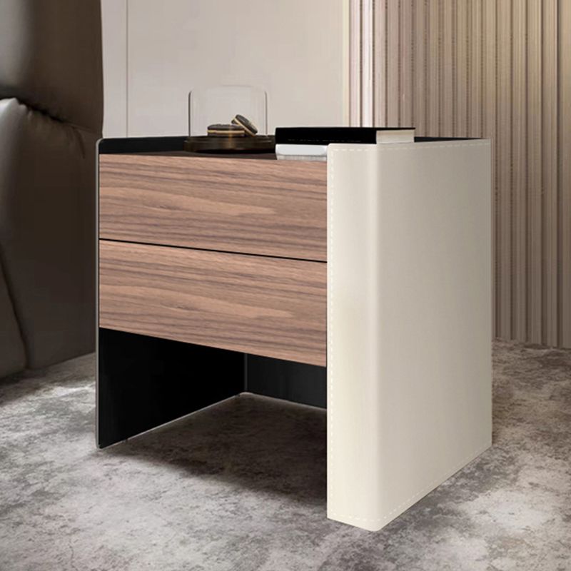 Modern Drawer Storage Night Table Solid Wood and Leather Bed Nightstand