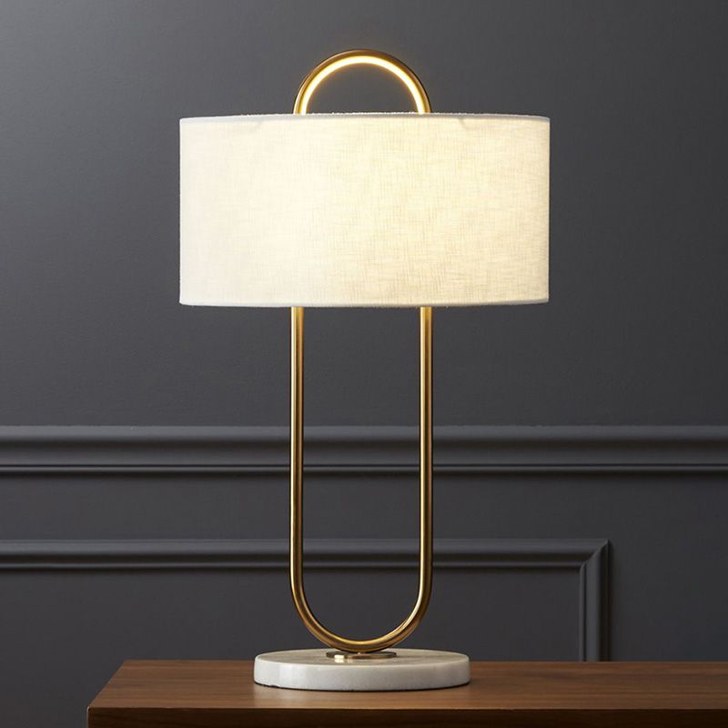 Oblong Shaped Bedside Table Lamp Metallic Modern Night Light with Marble Base and Drum Fabric Shade