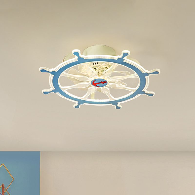 7 Blades Steering Wheel Semi Flush Ceiling Light Modernist Acrylic Nursery Room LED Pendant Fan Light in Pink/Blue, 23" Wide