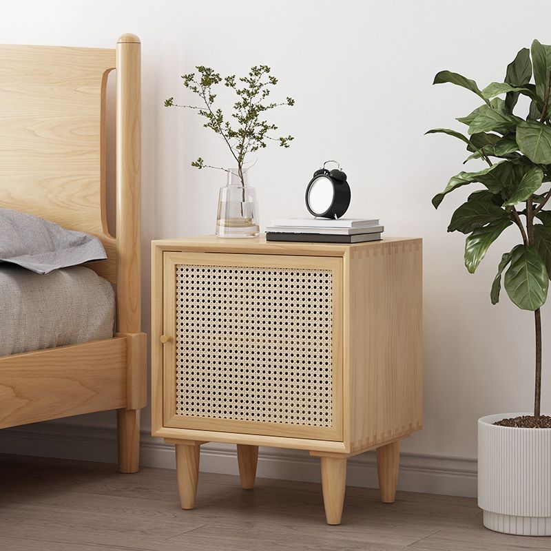 Modern Rattan Nightstand Lower Shelf Bedside Cabinet with Door for Bedroom