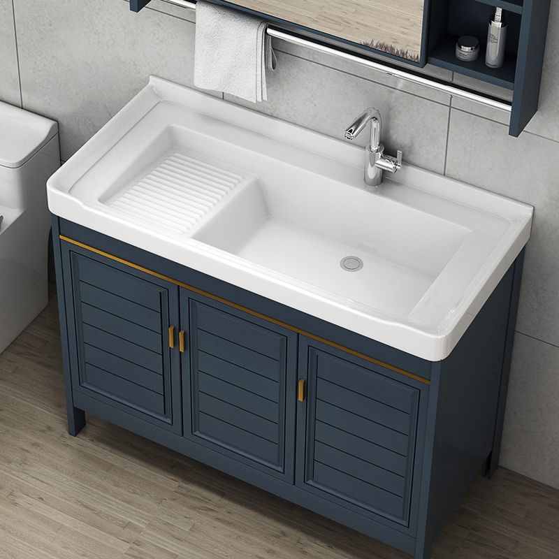 Blue Bath Vanity Single Sink Freestanding Metal Frame Mirror Vanity with Soft Close Doors