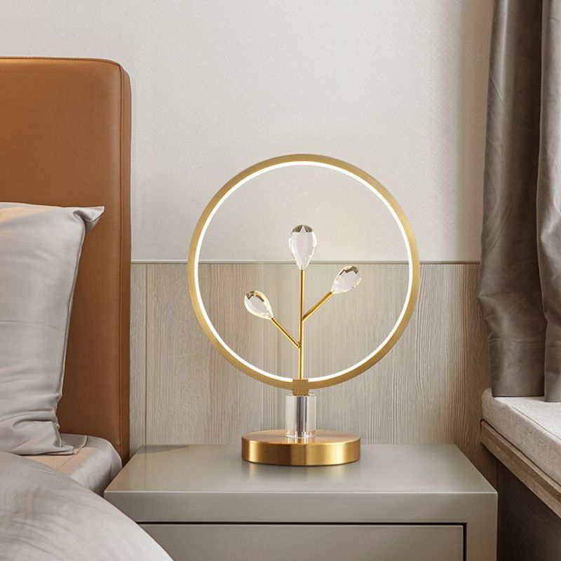 Brass Branchlet Night Lamp Postmodern Crystal Bedside LED Table Lighting with Hoop