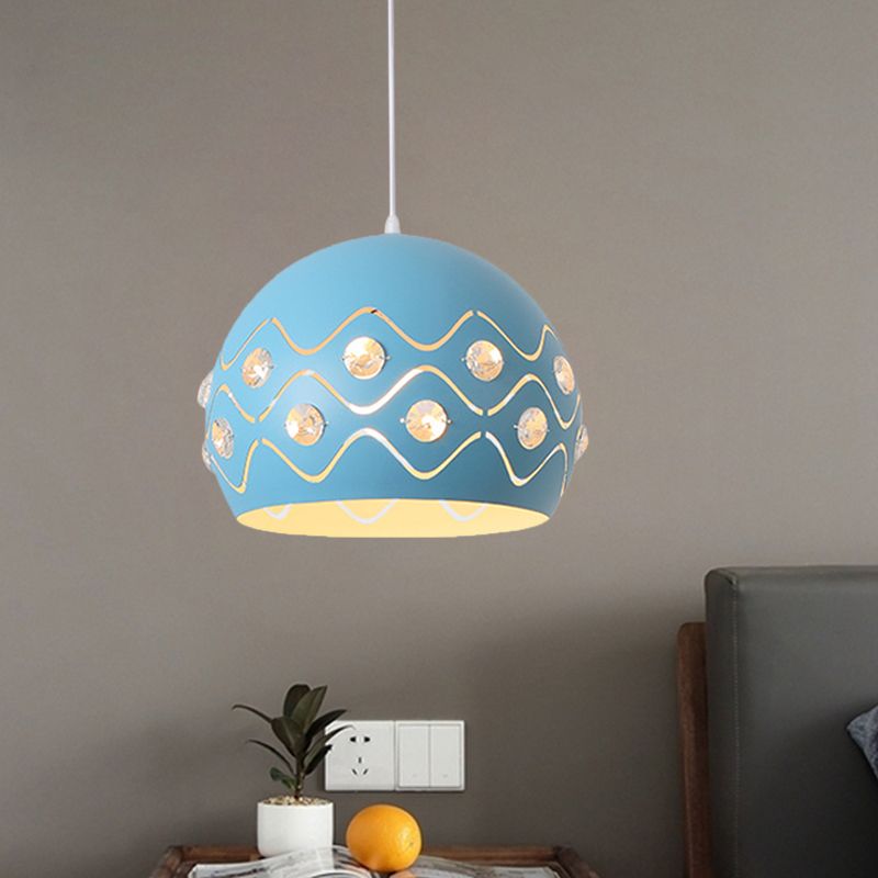 Cutouts Dome Shade Drop Pendant Macaron Iron 1-Light Pink/Blue/Green Suspension Lamp with Embedded Crystal Decor