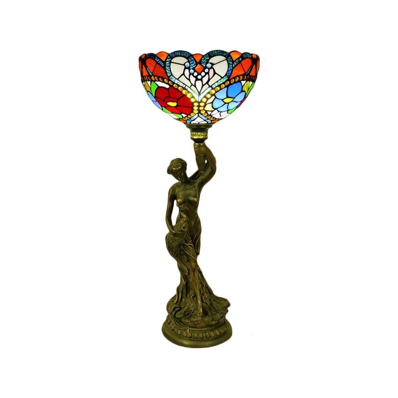 Table de bol Éclairage 1 tête en vitrail Petal baroque / libellule lampe de nuit à motifs en laiton avec résine Naked Woman Base