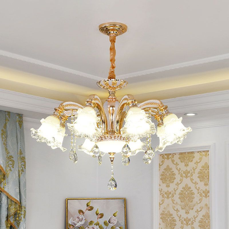 Modernist Floral Pendant Light Kit Clear Glass Living Room Crystal Chandelier Lamp in Gold