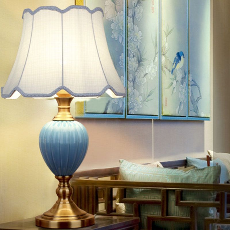 1-Light Scalloped/Tapered Night Lamp Retro Sky Blue/Light Blue Pleated/Paneled Fabric Table Lighting with Droplet Ceramic Base