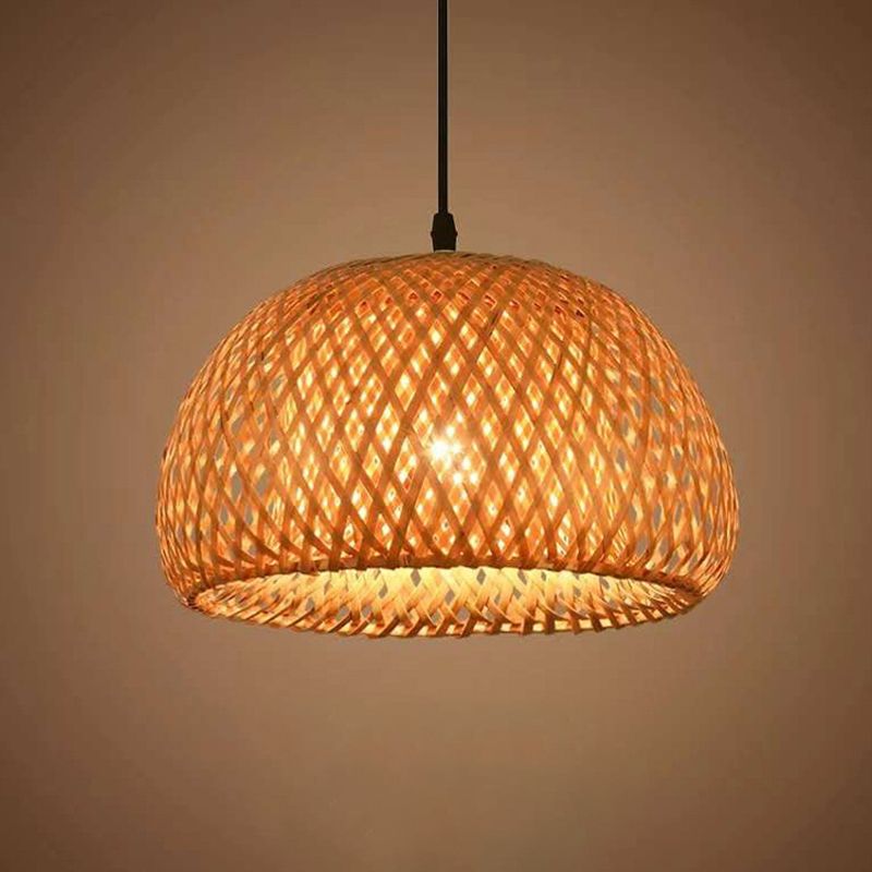 1-Bulb Bedside Drop Light Asian Wood Pendant Lighting Fixture with Round Bamboo Shade