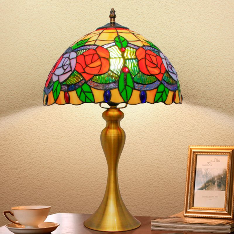 Gold 1 Light Night Table Lamp Mediterranean Cut Glass Bowl Shape Desk Light with Rose Pattern