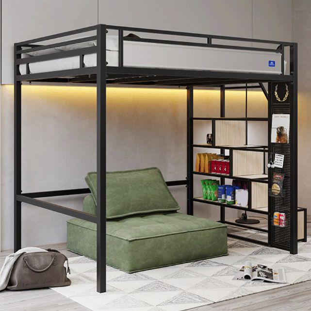 Metal High Loft Bed with Stairway Black Finish Mattress Included Loft Bed