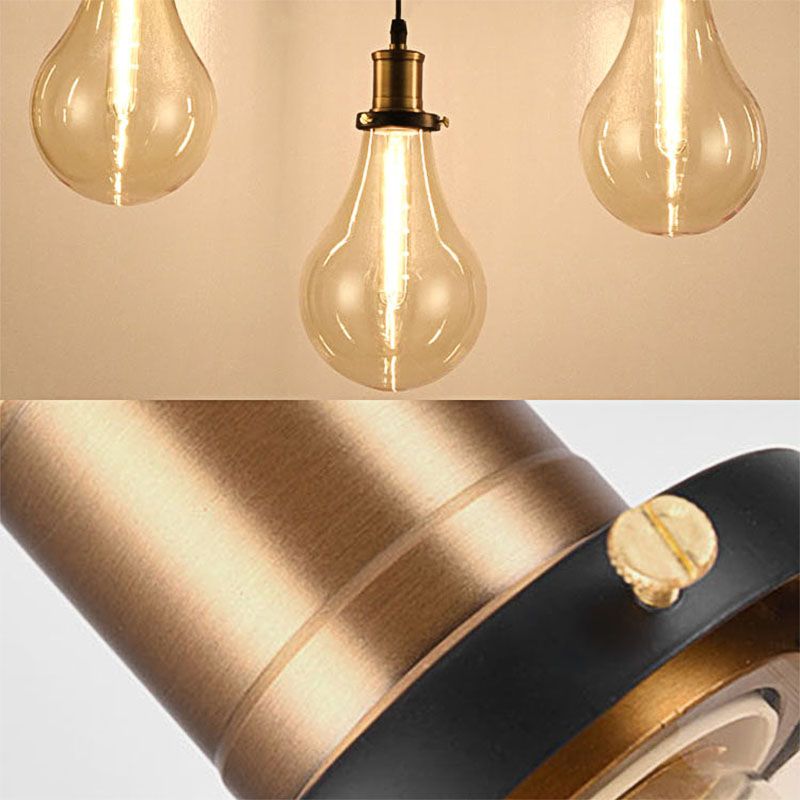 3 Lights Bare Bulb Multi Ceiling Light Industrial Brass Clear Glass Pendant Lighting, Round Canopy