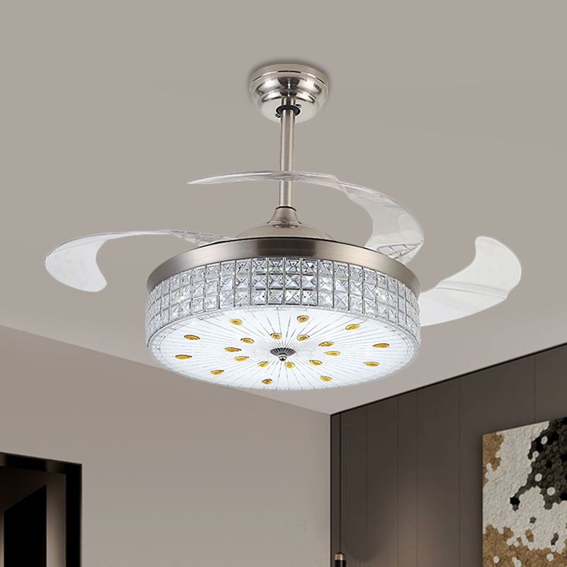 Frosted Glass Drum Semi Mount Lighting Modernist 19" W LED Pendant Fan Light with Crystal Deco in Chrome, 4-Blade