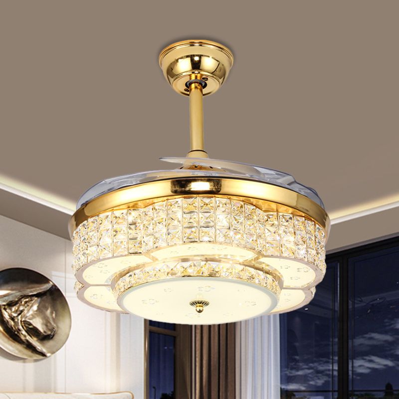 Flower Drawing Room Pendant Fan Lighting Faceted Crystal LED Modernism Semi Flush Light in Gold with 4-Blade, 19" W