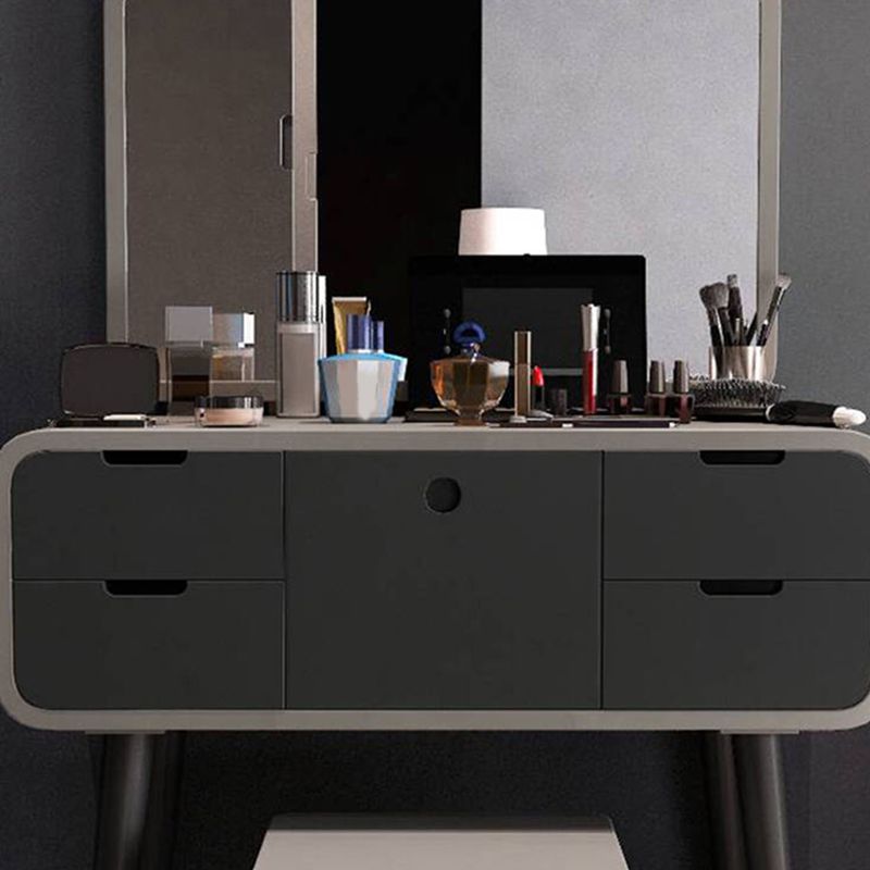 Contemporary Wood Vanity 5 Storage Drawers with Mirror & Stool