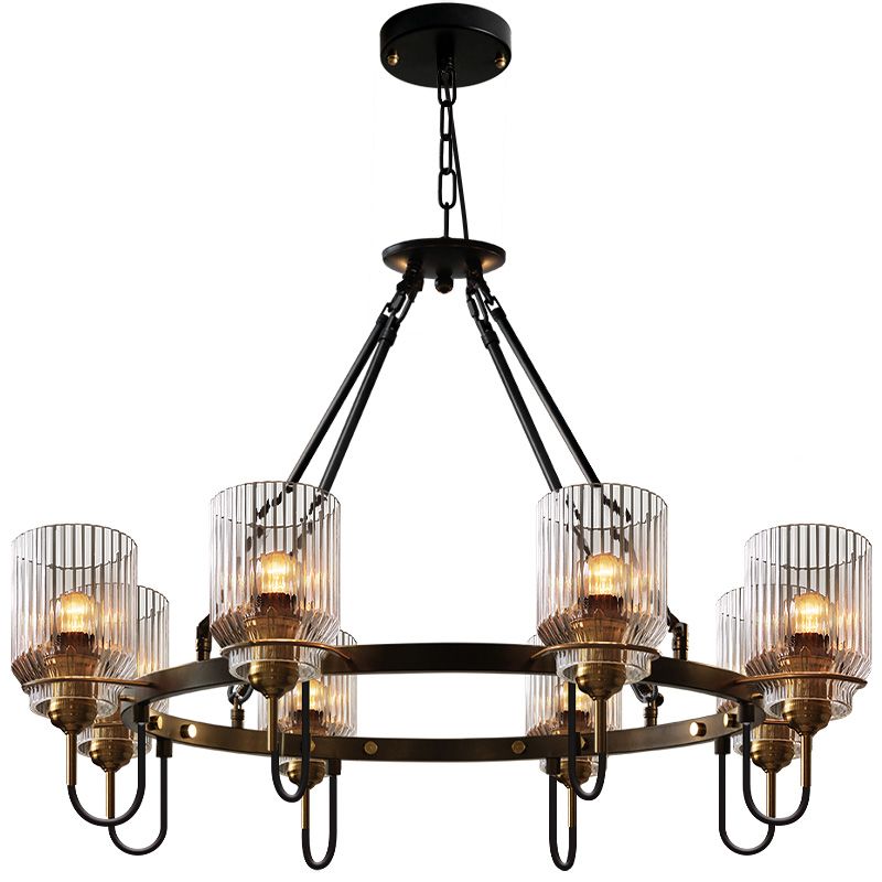 Cylindrical Ribbed Glass Up Chandelier Vintage Dining Room Suspension Lamp in Black