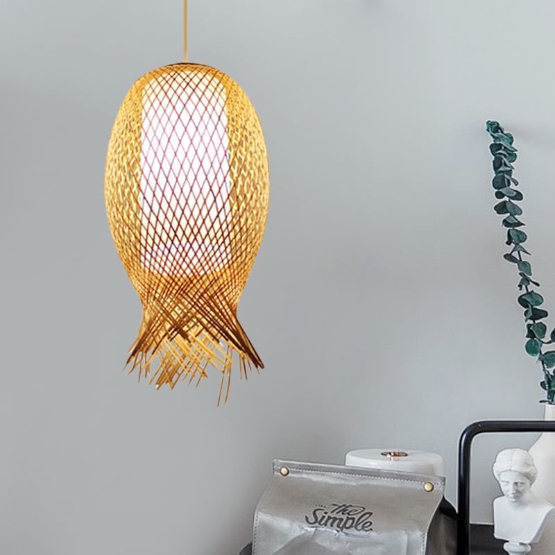 Suspension de baril Pendant Retro Bamboo 1 Kit de lumière en bois de bulbe avec teinte blanche cylindrique intérieure