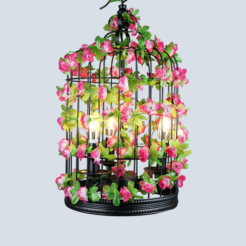 Single-Bulb Pendant Light Antique Cage Iron Hanging Light Fixture with Decorative Plant