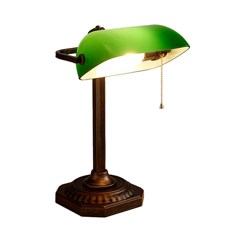 Retro Adjustable Pull Chain Table Lamp 1 Bulb Green Glass Night Light in Antiqued Bronze