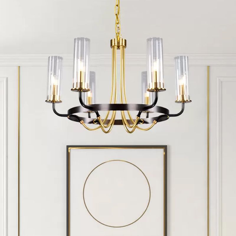 Clear Glass Tubular Ceiling Chandelier Colonial Style 6/8 Heads Bedroom Pendant Lighting Fixture in Black/Gold with Metal Ring Design