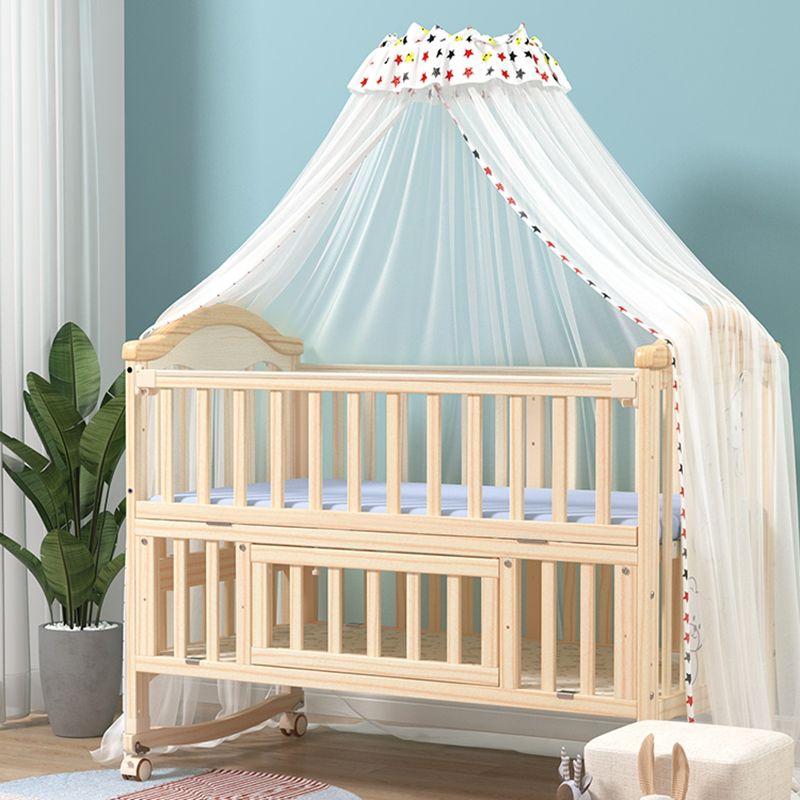 Contemporary 3-in-1 Natural Solid Wood Convertible Baby Bed with Wheels