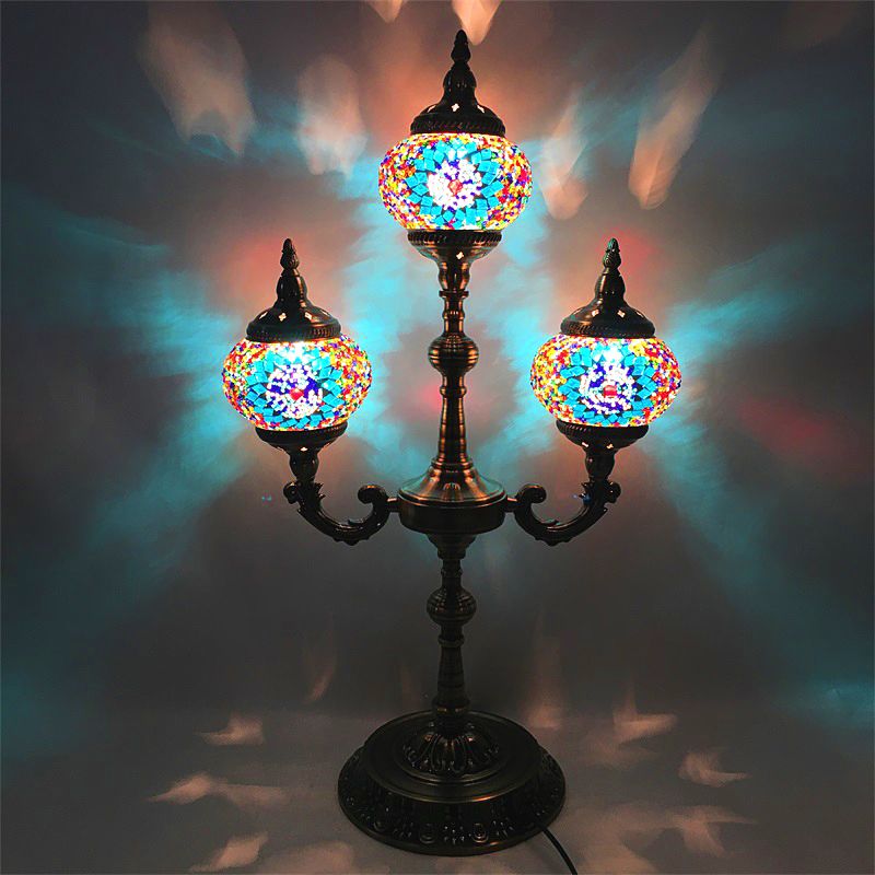 3 Lights Trident Night Light Traditional Beige/Orange/Blue Multicolored Stained Glass for Bedside