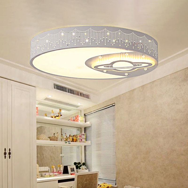 Round Child Bedroom Ceiling Light with Moon and Planet Metal Creative Flush Mount Light in White