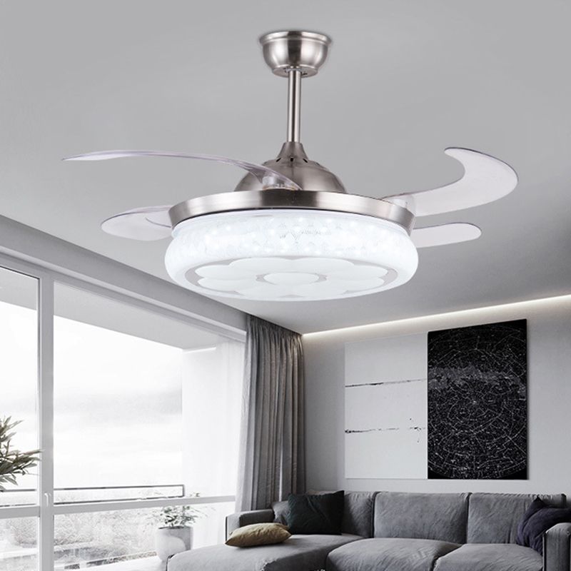 42" W Modernist Circle Hanging Fan Light LED Metal Semi Flush Mount Ceiling Fixture in Silver with 4 Blades, Remote Control/Remote and Wall Control/Frequency Conversion and Remote Control