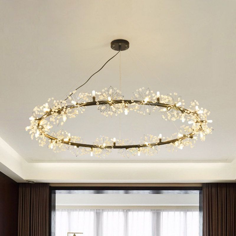 Circle Crystal Beaded Hanging Chandelier Minimalist Black 20.5"/26"/34" Wide LED Ceiling Lamp