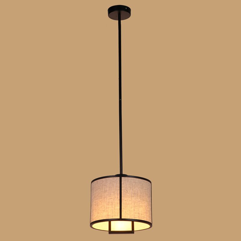 Single Light Fabric Drum Pendant Light Minimalist Living Room Hanging Light with 47" Carbon Steel Hanging Rod