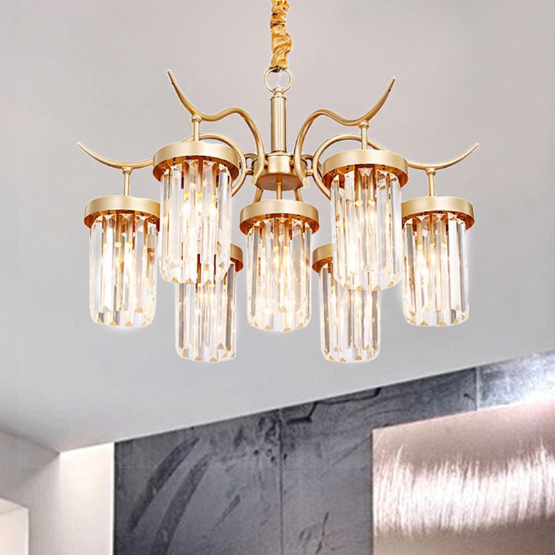 Crystal Cylindrical Chandelier Light Modernism 7/9-Head Hanging Ceiling Light in Brass