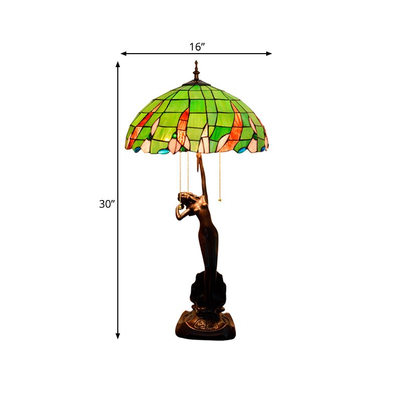 Coffee Female Dancer Nightstand Light Tiffany 3 Bulbs Resin Pull-Chain Table Lighting with Green Glass Shade