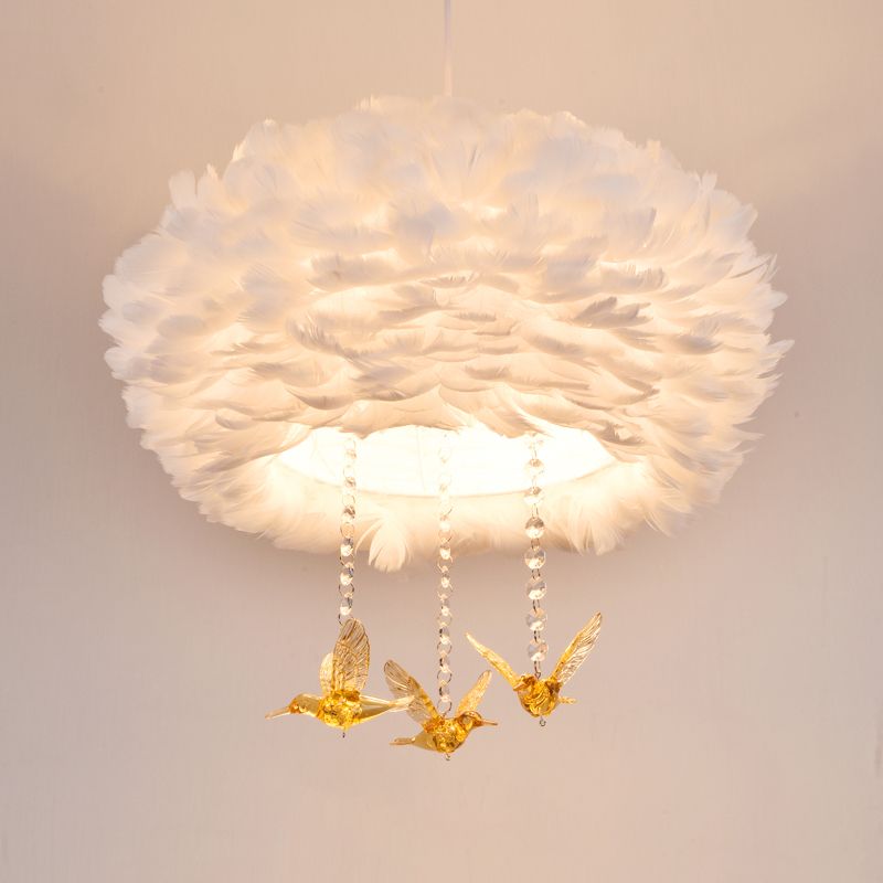 Drum Chandelier Modern Style Feather 3/4/5-Head White Pendant Light with Amber Bird Decor, 16"/19.5"/31.5" Width