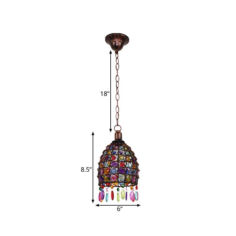 Art Deco Dome Ceiling Light 1 Light Stained Glass Drop Pendant in Rust for Restaurant