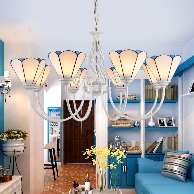 Living Room Chandelier Mediterranean Style White Suspension Lamp with Scalloped Cut Glass Shade