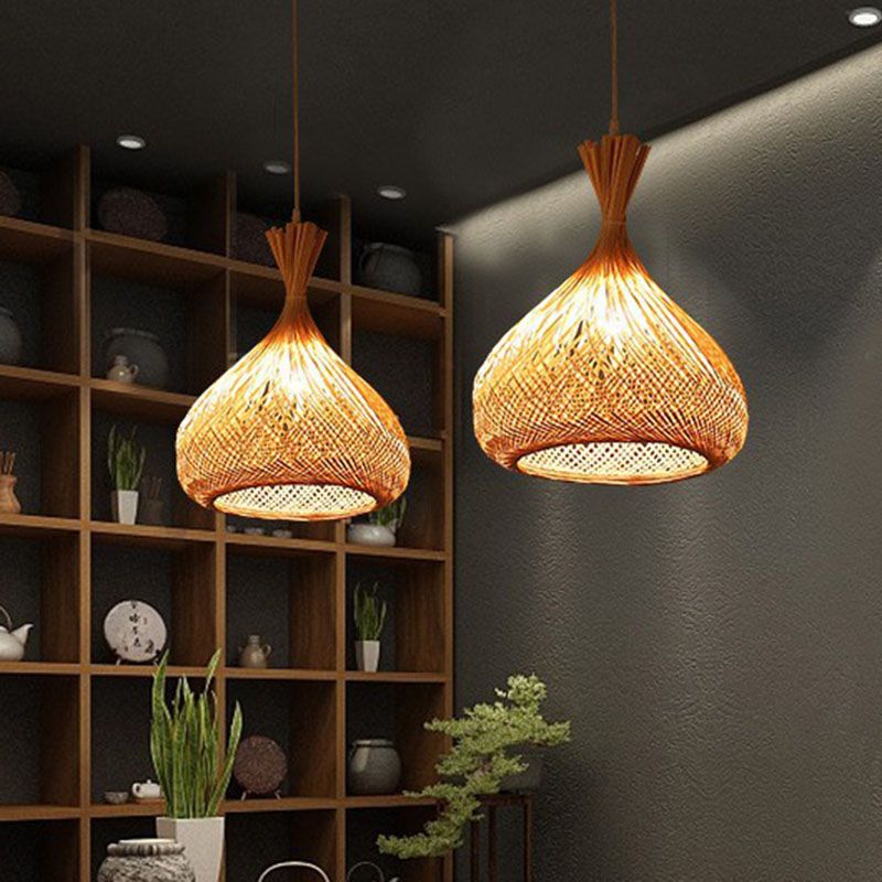 Wood Hand-Braided Pendant Lamp Chinese Style 1 Head Bamboo Ceiling Hanging Lantern