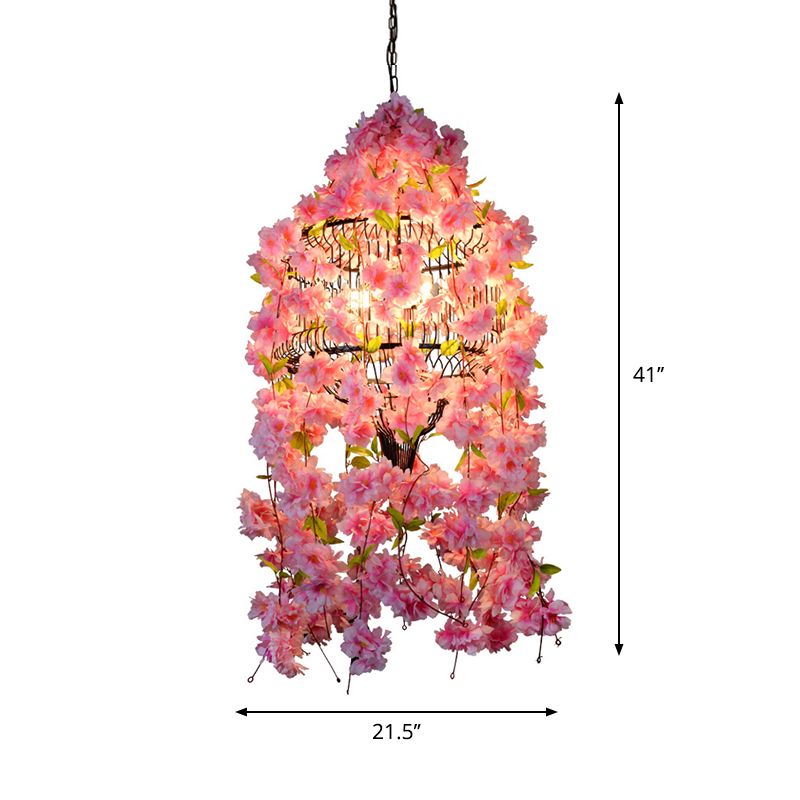 Drum Cage Iron Hanging Chandelier Industrial 3 Lights Restaurant Flower Suspension Lamp in Pink