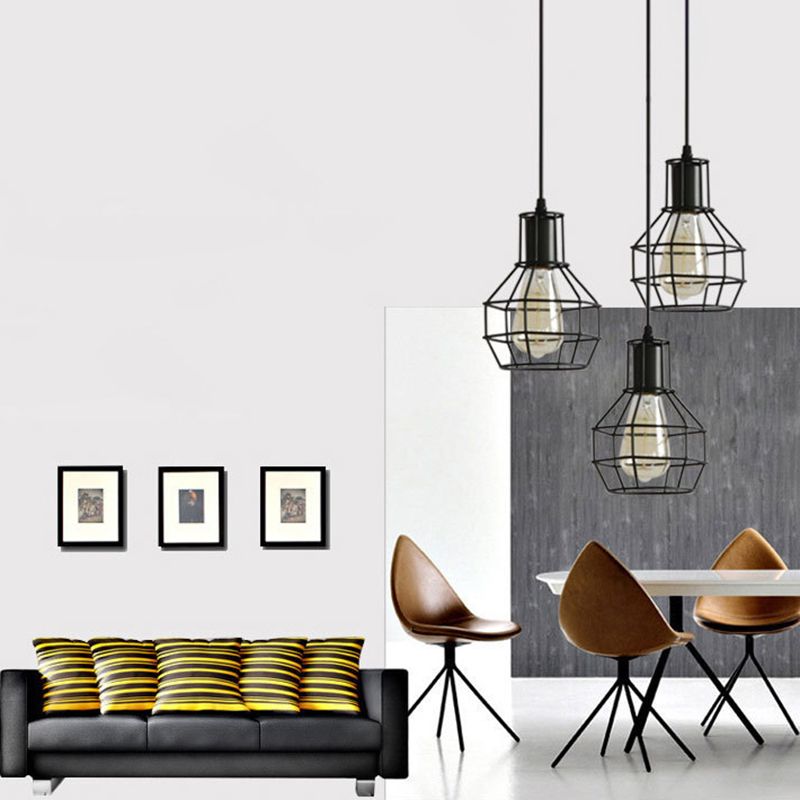 Industrial Style Open Cage Pendant Ceiling Light Metal Hanging Light Fixture in Black