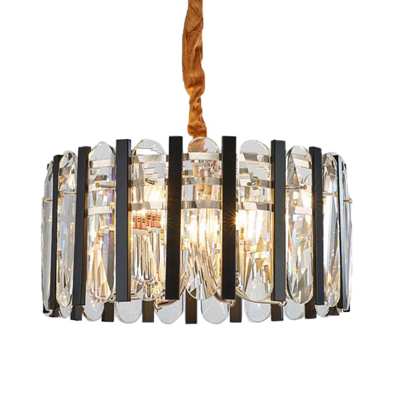 6-Bulb Dining Room Chandelier Lighting Black and Gold Pendant Light Fixture with Drum Beveled Crystal Shade