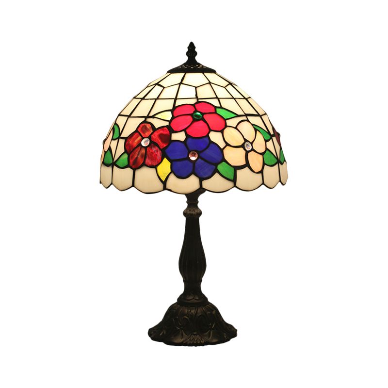 1-Light Grid Dome Night Table Lighting Mediterranean Brass Hand Cut Glass Flower Patterned Nightstand Lighting