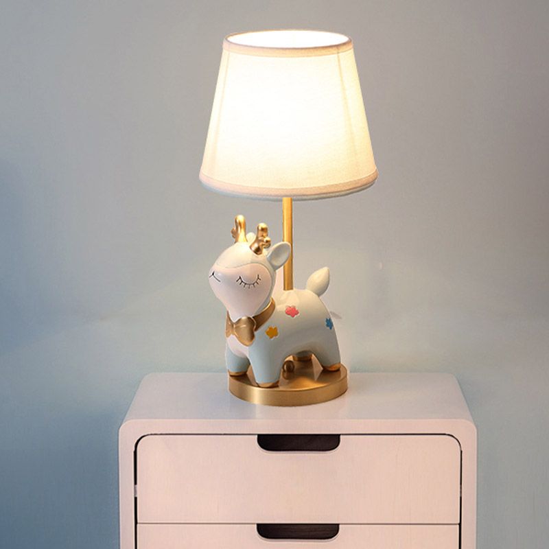 Sika Deer/Unicorn Bedside Table Lamp Resin Single Kids Night Light in Pink/Blue with Tapered Fabric Shade