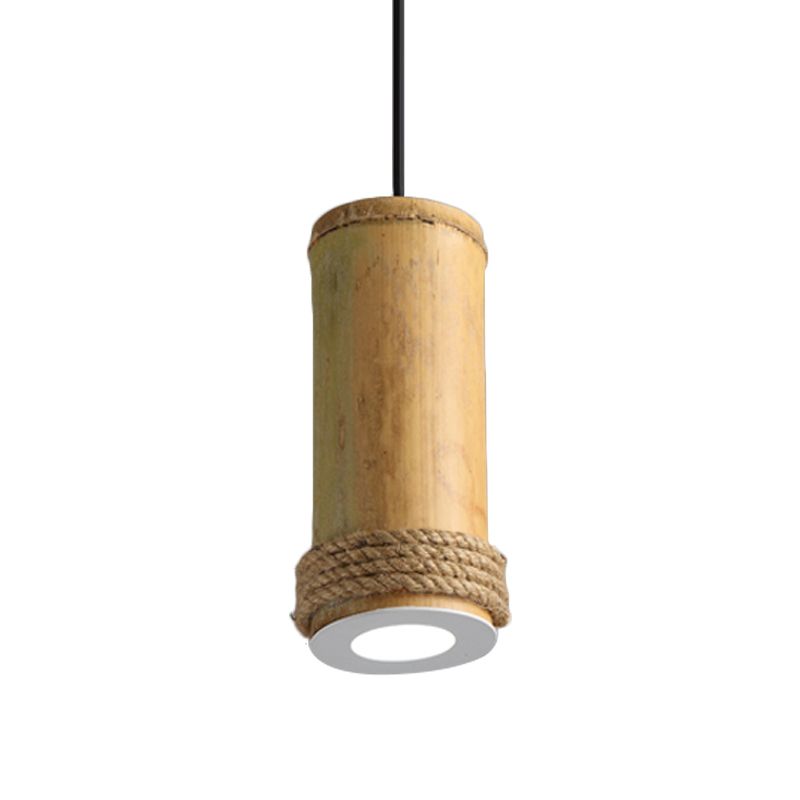 Tube Living Room Pendant Lighting Fixture Industrial Bamboo 1 Head Light Brown Hanging Light Kit with Rope Detail