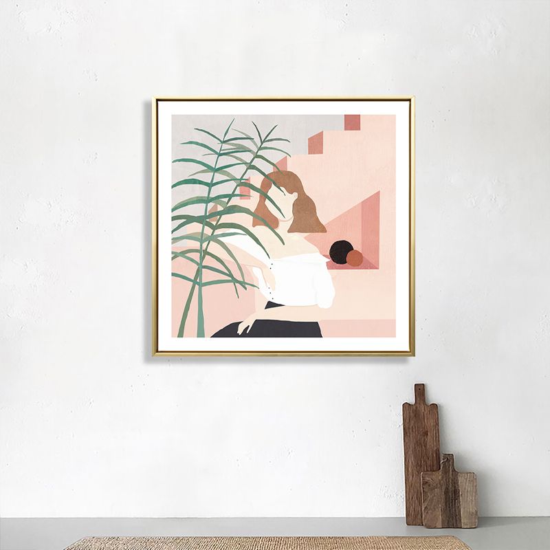 Girl and Plant Drawing Canvas Nordic Stylish Fashion Wall Art Print in Pastel Color